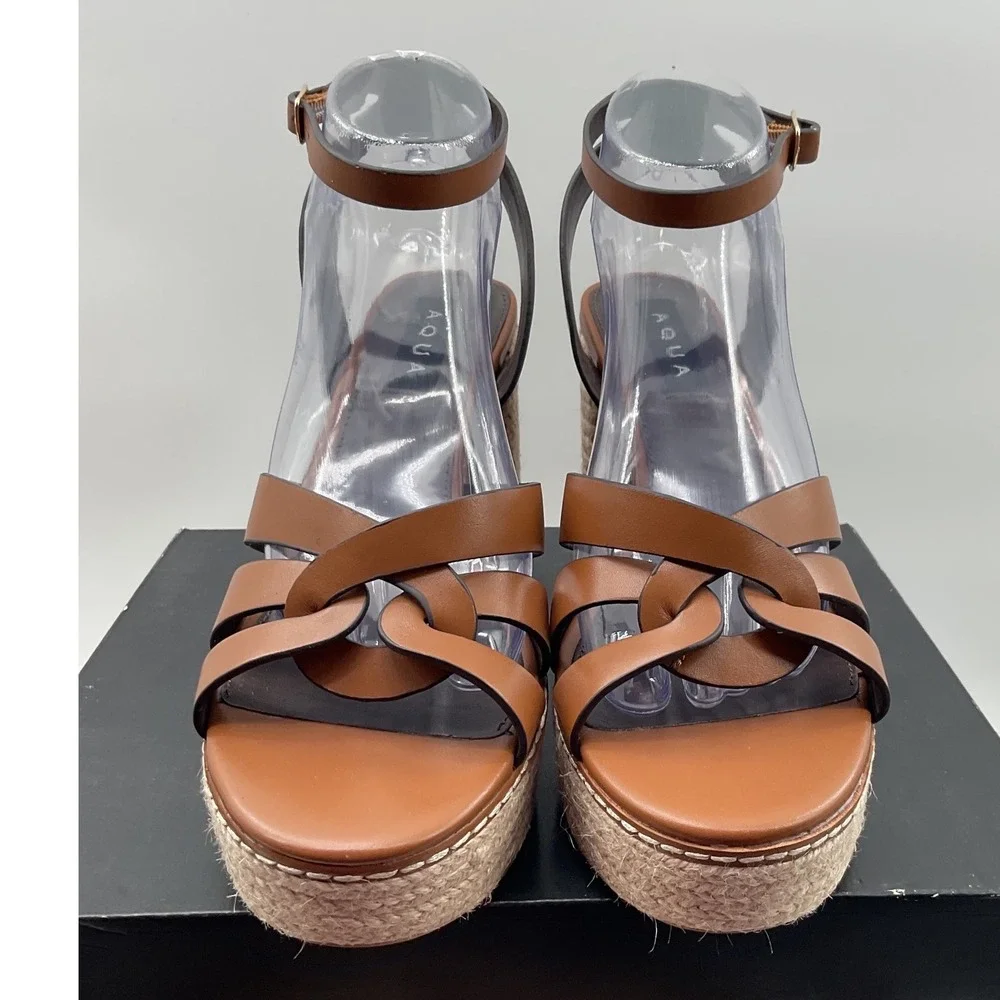 Aqua Gyen Womens Cognac Leather Platform Espadrille Block Heel Sandals AQ-GYEN